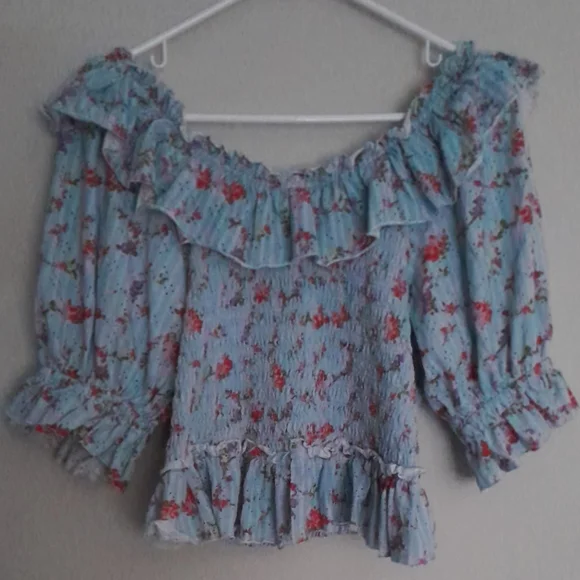 Free People Blue and White Floral Ruffled Blouse - Picture 5 of 5